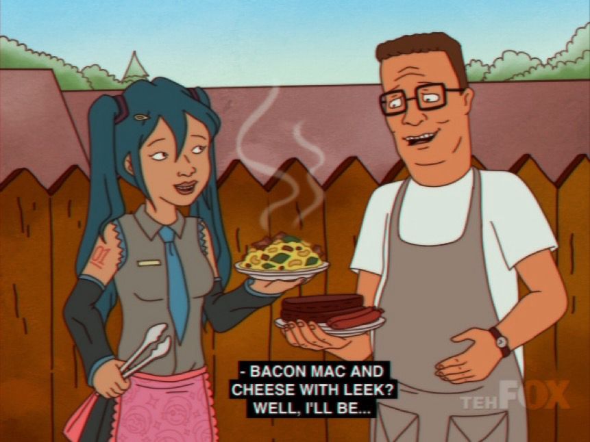 Left to right: Hatsune Miku holding a macaroni dish next to Hank Hill holding steak and sausages in an outdoor background with a wooden fence.