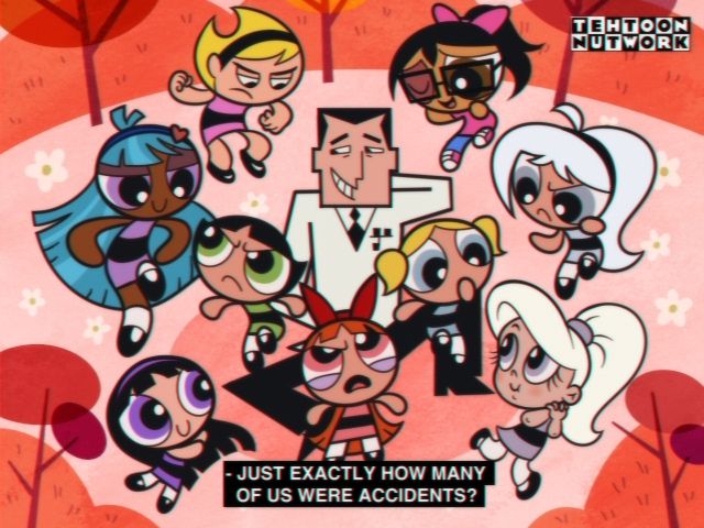 Powerpuff Girls: In a palette of warm reds, pinks is an outdoor background surrounded by trees and bushes. There are several Powerpuff Girls surrounding Professor Utonium who is in the center. From left to right: Mandy (Grim Avdentures of Billy and Mandy), Blisstina (Powerpuff Girls 2016, Violet, Buttercup, Blossom, Bubbles, original perfect little girl, Bell, and Jermin19's self PPG sona.