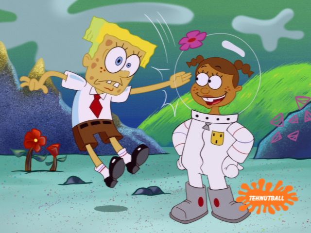 Human SpongeBob SquarePants and Human Sandy Cheeks. SpongeBob is leaping to hit Sandy on her air dome.