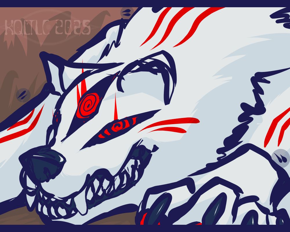 A white wolf with red markings and three red spiraling eyes laying down in the grass, trembling with a snarling grin. The eyes bleed upward.