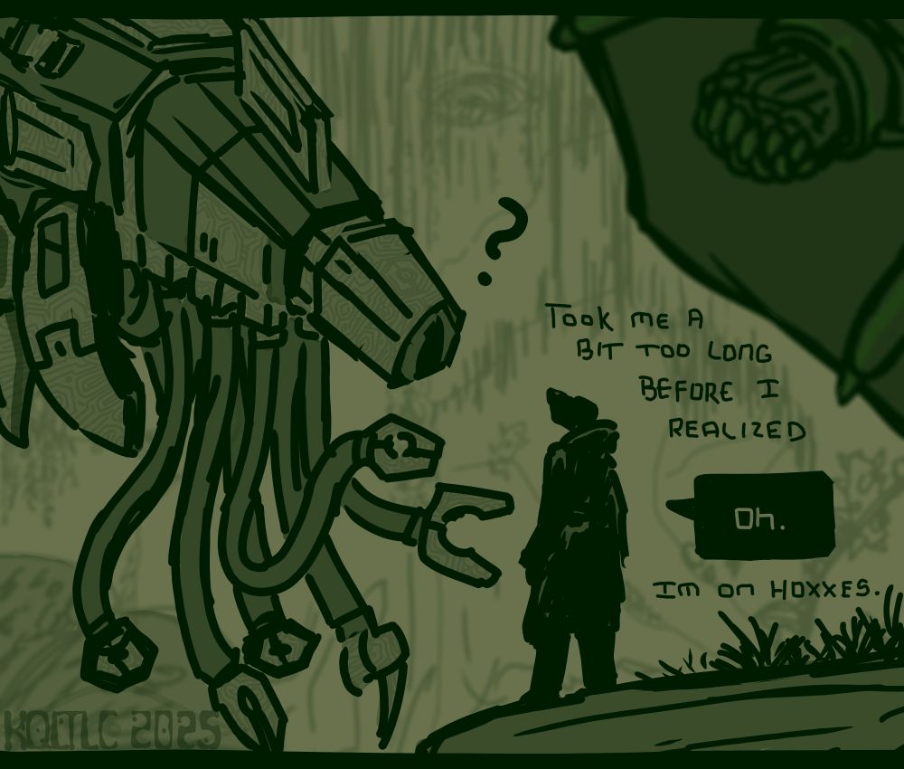 Me standing on a ledge in the Fungus Bogs, looking up at a floating tick-like robot called the Prospector, who is looking at me with a question mark floating above its head. Background is more of the dense vegetation, a ceiling meatball called a Cave Leech, and some ore materials like Croppa and Nitra and Gold. Foreground is an overhang with a spider-like Glyphid crawling on it.

Text writes:
(narrating) 'It took me a bit too long before I realized.' 
(text box) 'Oh.' 
(narrating) 'I'm on Hoxxes.'