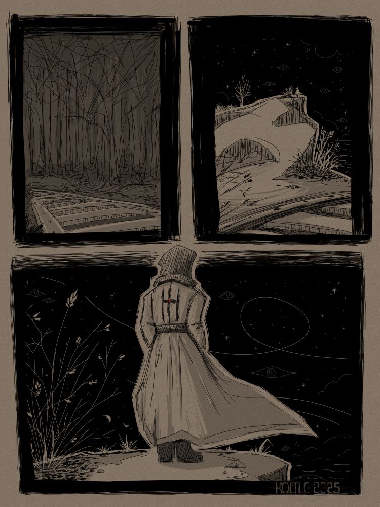 Three panels, all at night. First panel is a railroad track through a dark forest. Second panel is a railroad track crossing in front of a seashore cliffside; in the distance, at the cliff edge, someone is standing there. 

Third panel, a close-up view of the person standing there... me. Black hood pulled up and over the head. A long leather (trench) coat; ironhand's symbol on the back with a red gem in the middle. Wearing a black belt and black boots. Facing away from the viewer to look across the ocean.

There's a bush next to me. There's a breeze. The pitchblack sky is illuminated by stars and eyes.
