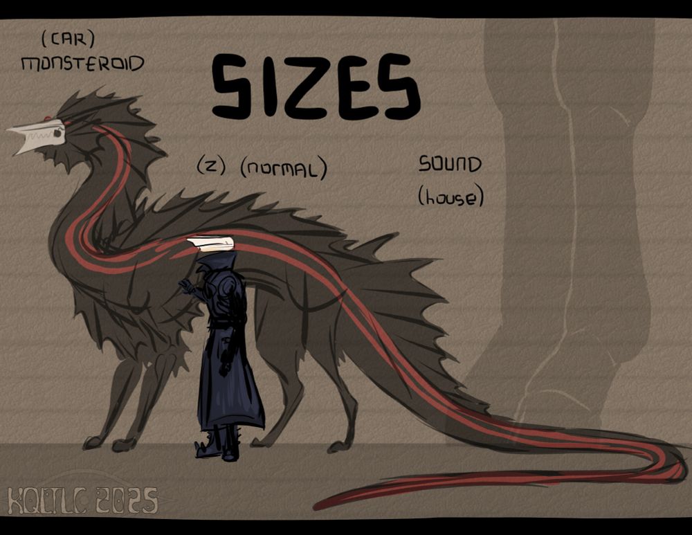 A low effort size comparison sheet, side view. (z), a CCTV robot objecthead dressed in a long leather jacket and spikey boots, stands at about 6 feet 2 inches. Next to him is my monsteroid form, a tall black and red dragon-like monster with a skull face, about the size of a small car. In the back is the lower half of the front legs for the Annihilator of Sound, a VERY TALL zebra-like monster; he's about the size of a two story house.

Both monsters can change sizes, these are just their defaults.

Text reads "SIZES" in big and bold. Smaller, thinner text float next to the three, reading "Monsteroid (car)" "(z) (normal)" and "Sound (house)" respectively.