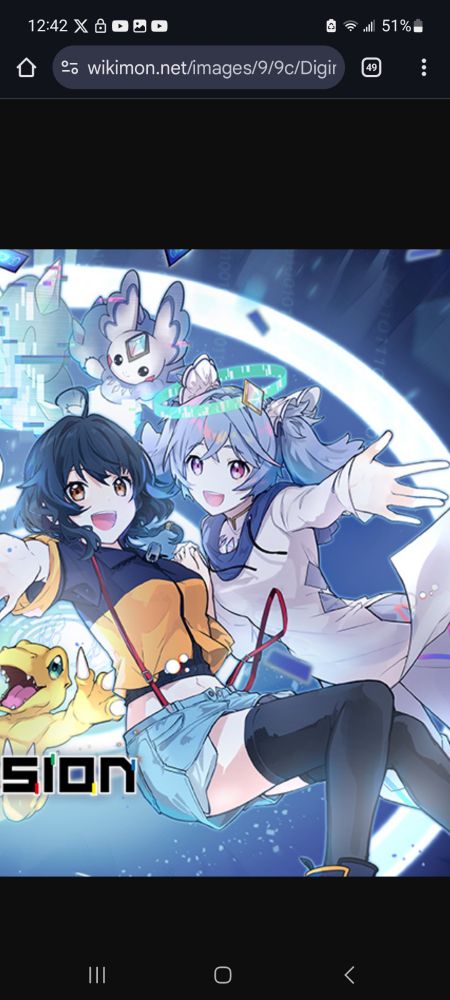 Promotional artwork for the video game "Digimon Alysion" featuring the characters Kanata Hondo and Futre holding hands
