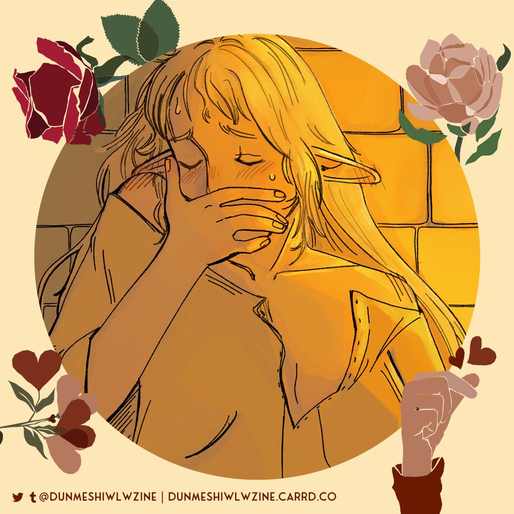 Morceau d'une illustration dans un cadre rond pour un zine de saint valentin NSFW, on voit le buste du personnage de Marcille du manga dungeon meshi appuyé sur un mur la main sur la bouche et suante dans une lumiere jaune.

Piece of an illustration in a round frame for a NSFW valentine's day zine, we see the bust of the character Marcille from the manga dungeon meshi leaning on a wall with her hand on her mouth and sweating in a yellowish light.