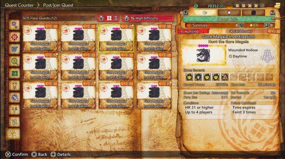 Monster Hunter Wilds Screen - SOS Flare Search with a Gore Magala Long Sword Wishlisted - Showing which of these quests I'd get a Gore Magala "Feeler" from.