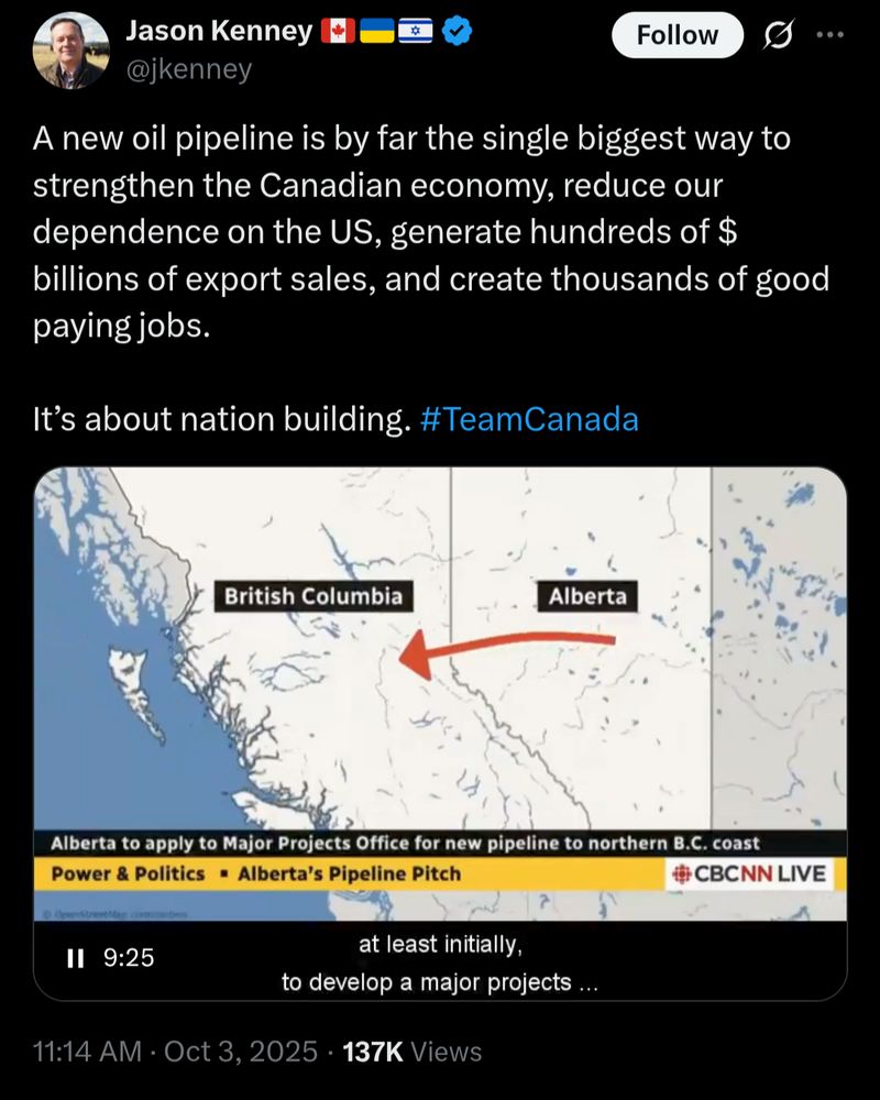 Jason Kenney claiming the single biggest way to reduce our dependence of the US is to build another pipeline.