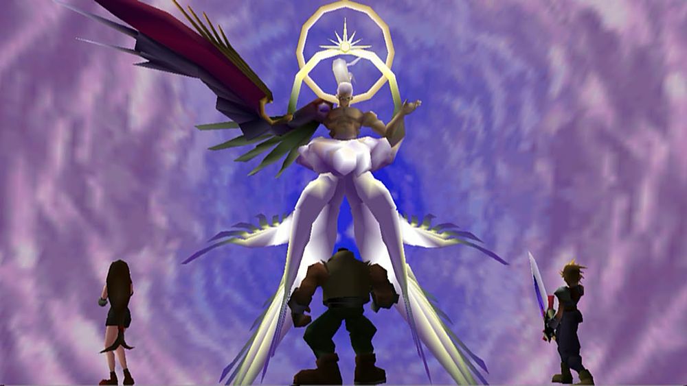 A screenshot from Final Fantasy 7 of Tifa, Barrett, and Cloud fighting a one-winged, angelic Sephiroth.