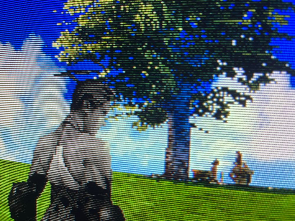 A photograph of Vagrant Story on a CRT. A ghostly Ashley Riot watches his wife and son from afar as they sit in the shade of a tree on an idyllic hilltop.