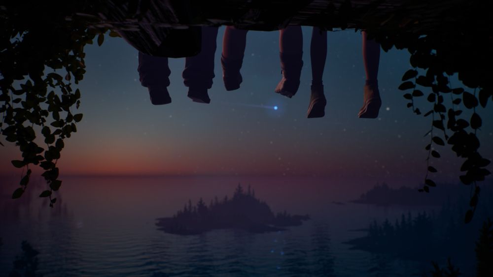 A screenshot from Lost Records featuring teenaged girls sitting on a high lookout silhouetted against a night sky.