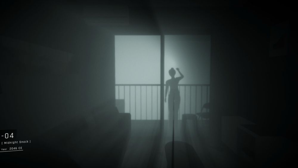 A screenshot from 1000XResist. A shadowy figure knocks on a sliding glass door at night.