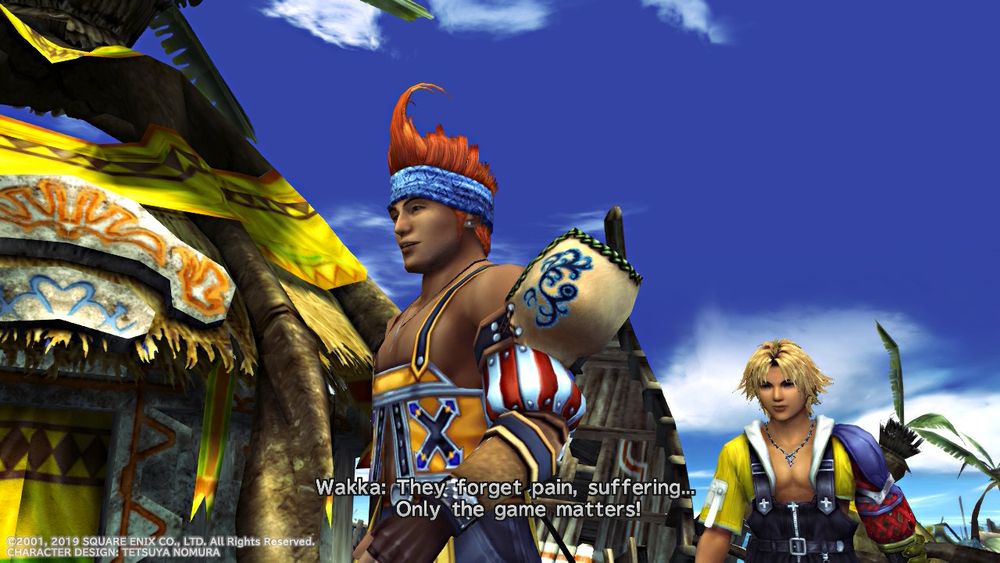 A screenshot from Final Fantasy X. A religious bigot with weird spiky red hair that looks like a cockatoo says, “They forget pain, suffering… only the game matters!”