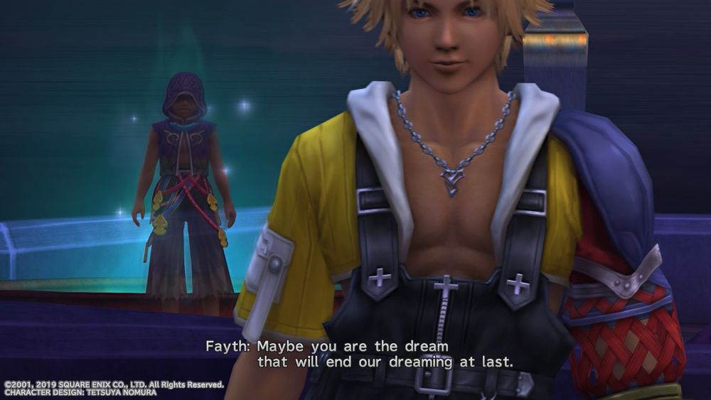 A screenshot from Final Fantasy X. A hooded dream boy tells another dreamy dream boy, “Maybe you are the dream that will end our dreaming at last.”