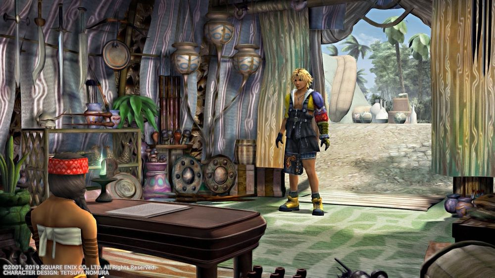 A screenshot from Final Fantasy X. A blonde man enters a small store.