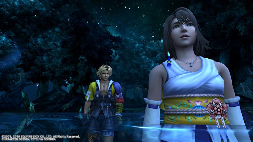 A screenshot from Final Fantasy X. Two teens hang out fully clothed in a pond.