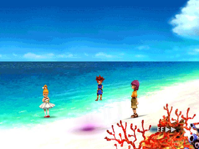 Young Crono, Lucca, and Marle standing on Opassa Beach in Chrono Cross.