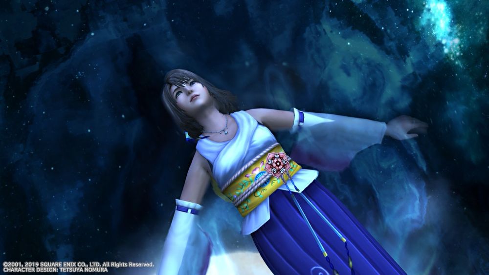 A screenshot from Final Fantasy X. A teen contemplates life in the best way to do so: swimming at night.