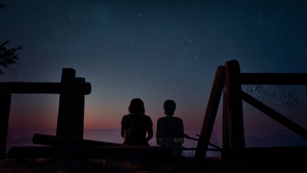 A screenshot from Lost Records featuring teenaged girls sitting on a high lookout silhouetted against a night sky.
