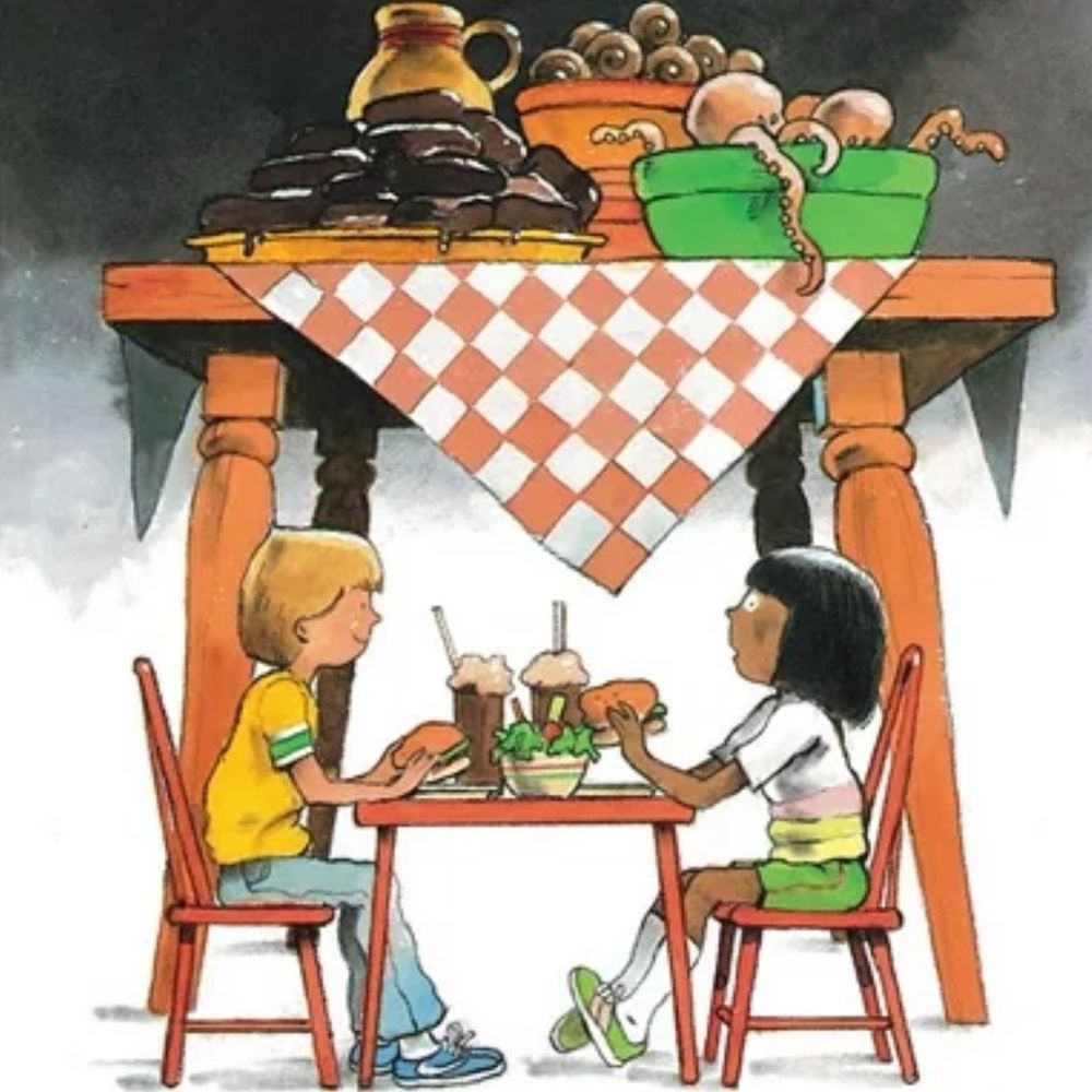 An illustration from Robert Munsch’s “David’s Father.” Two regular sized children sit at a regular sized table next of a gigantic table.