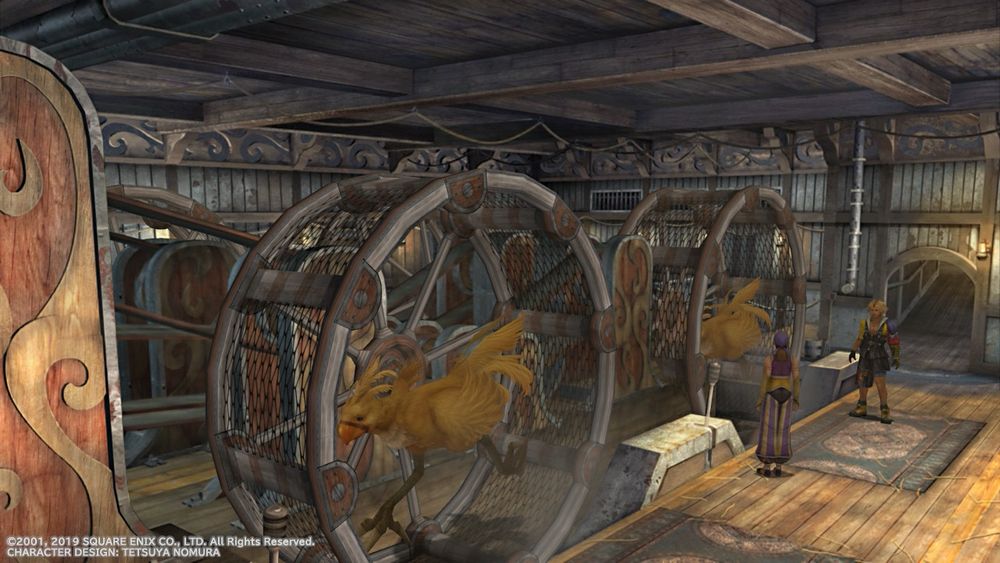 A screenshot from Final Fantasy X. Two people stand in the power room of a wooden ship. The ship is powered by two large yellow birds running in hamster wheels.