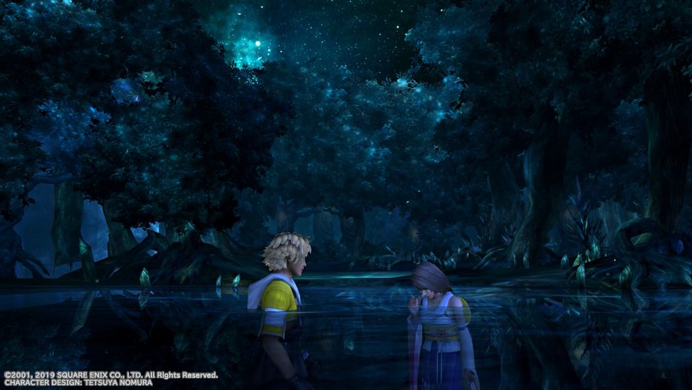 A screenshot from Final Fantasy X. Two teens take a midnight dip.