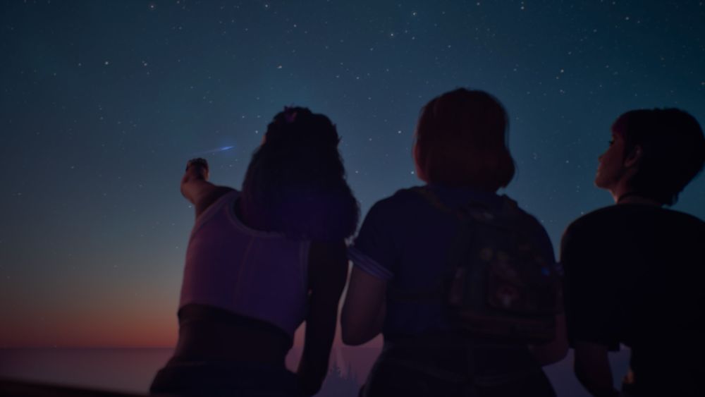 A screenshot from Lost Records featuring teenaged girls sitting on a high lookout silhouetted against a night sky.