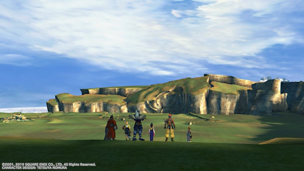 A screenshot of Final Fantasy X. The ragtag party stands on a high bluff overlooking a vast open plain.