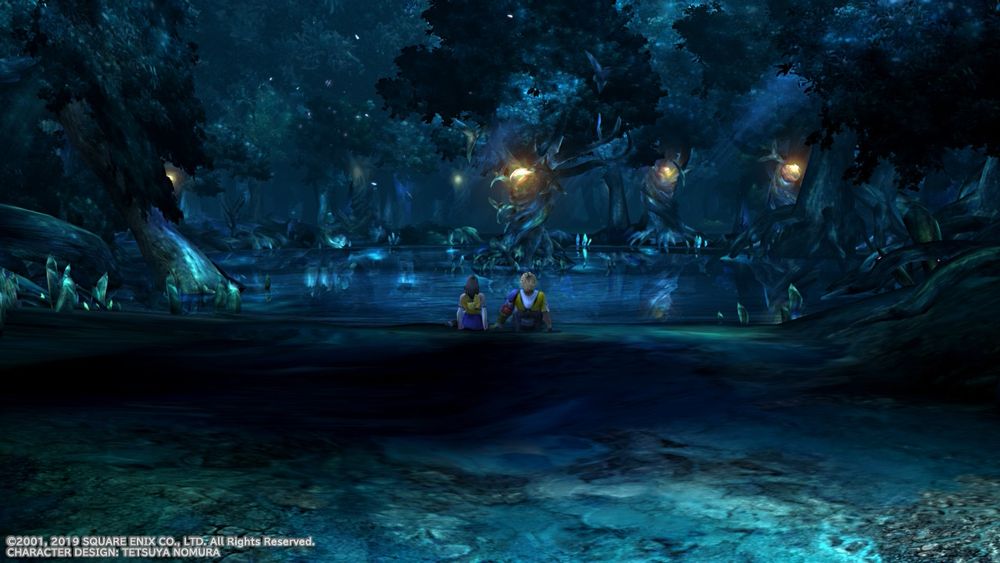 A screenshot from Final Fantasy X. Two teens sit on the edge of a pond at night.