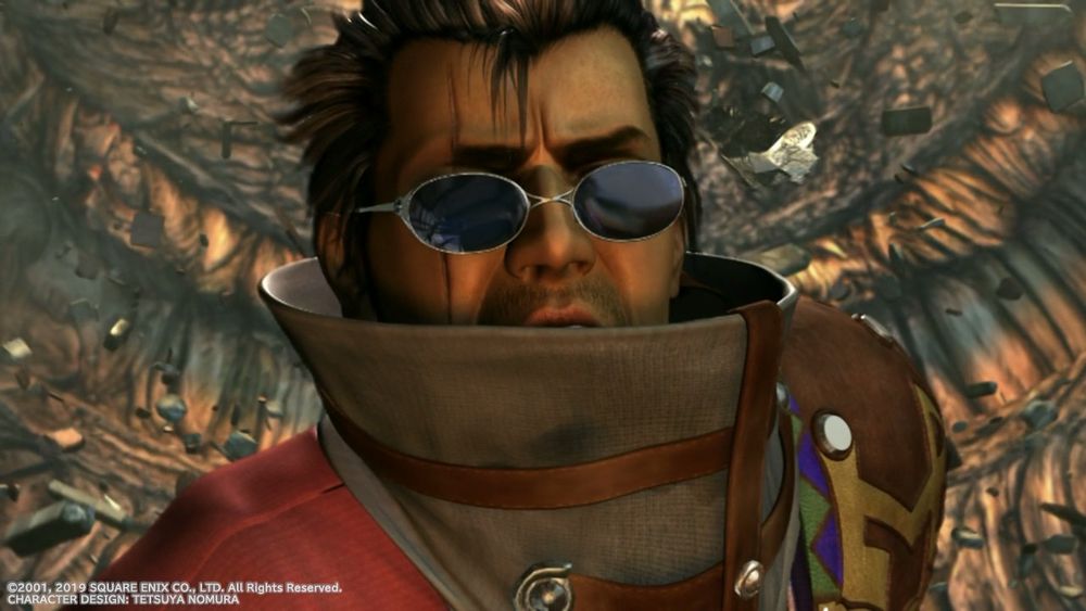 A screenshot of Auron from Final Fantasy X. He’s a middle aged samurai guy with bad Gen X sunglasses and a sick cowl neck.