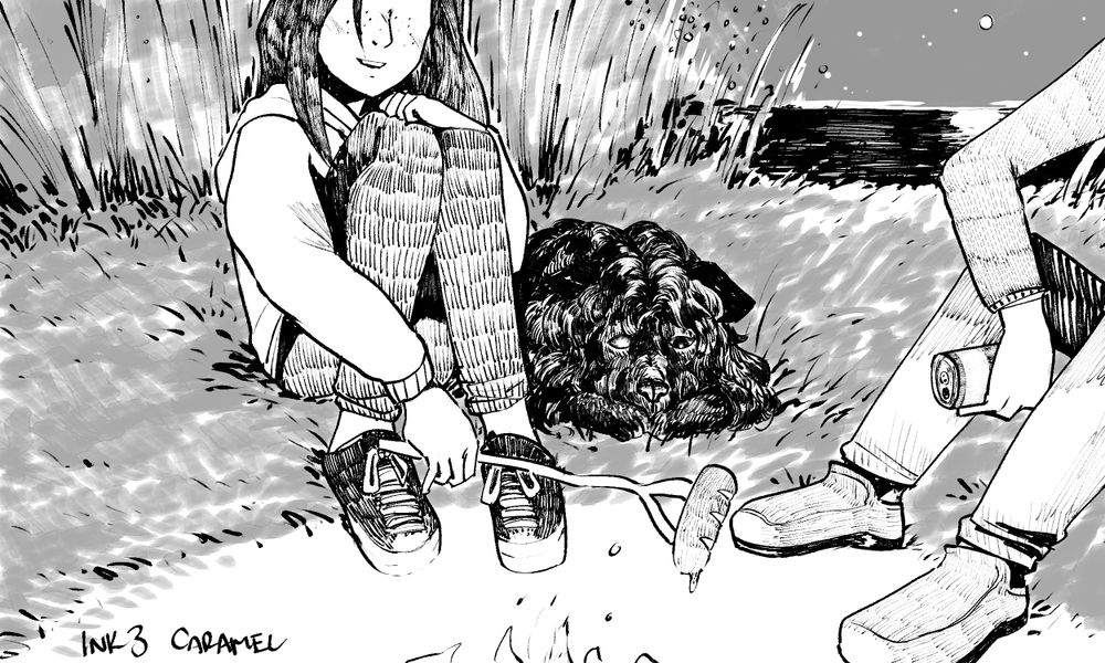 A girl, a shaggy black dog, and a man sitting around a campfire.