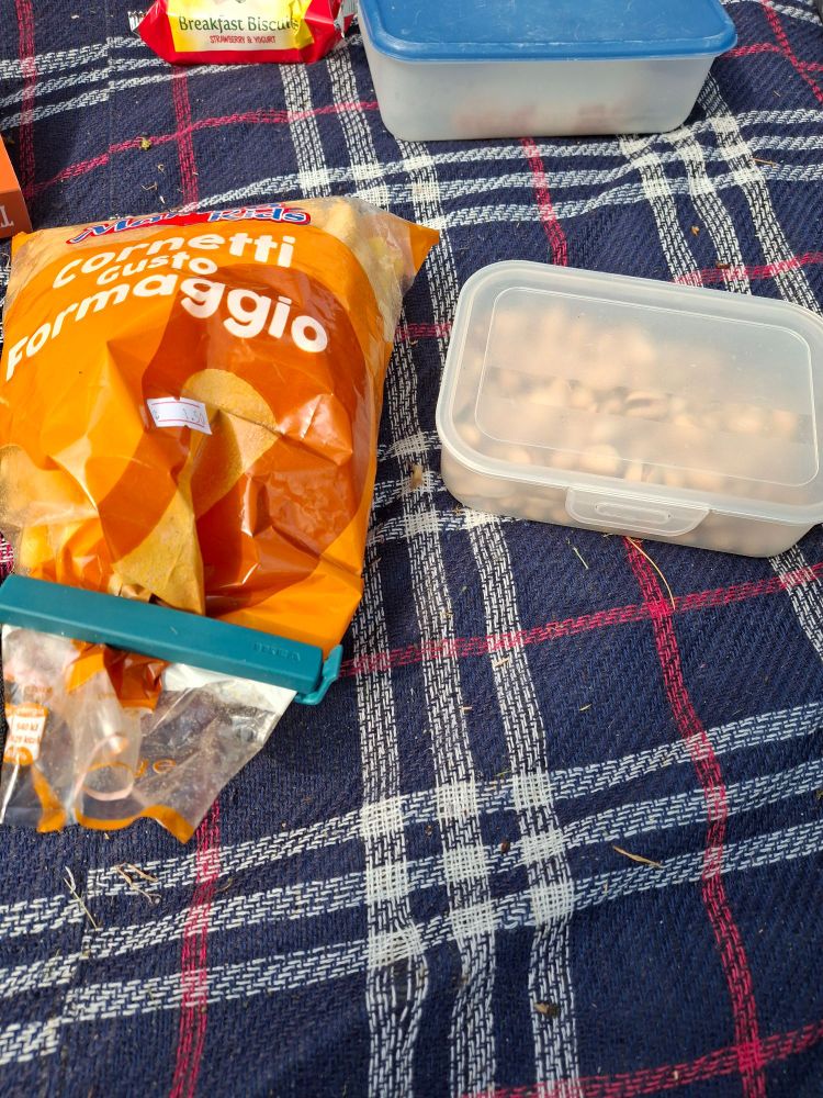 Some disappointingly mild cheese crisps in an orange packet and a plastic tupperware of pistachios