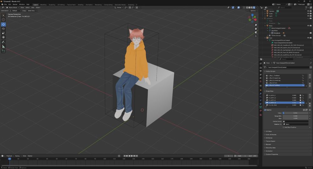 Screenshot of Blender that portrays my OC Lindy Miokat sitting on a gray cube and looking directly at viewer
