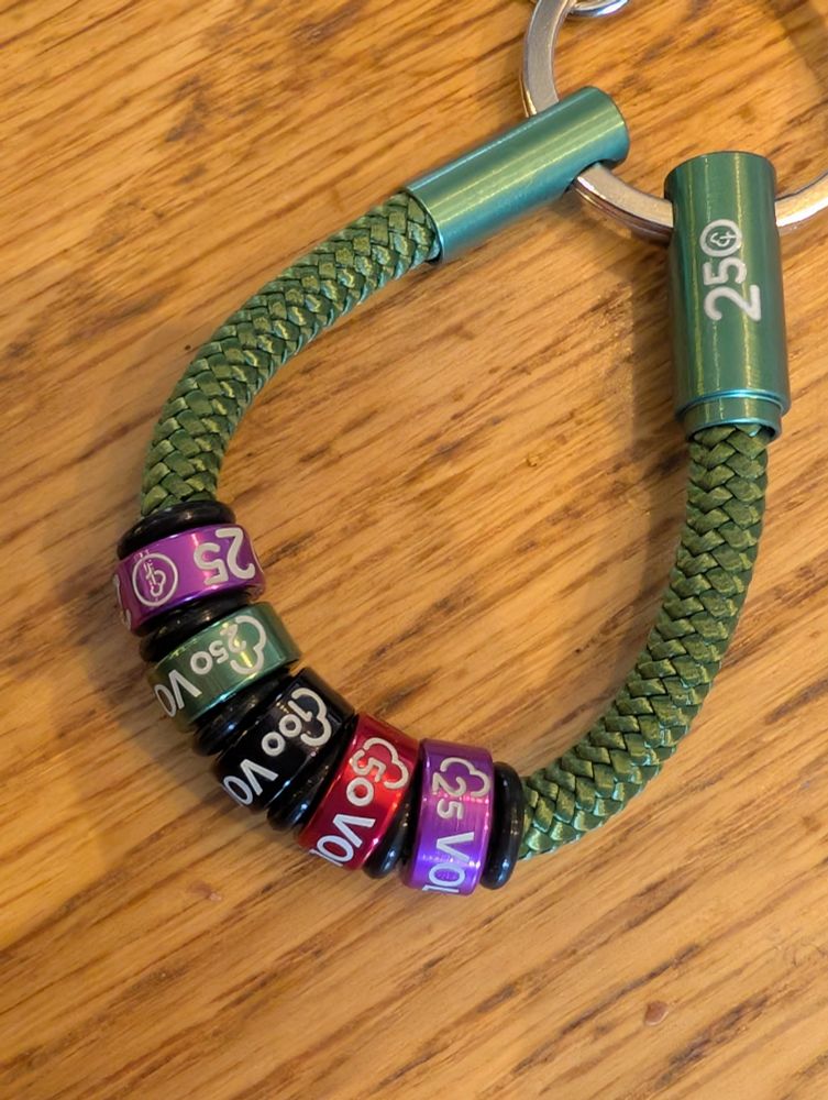 The keyring is a green cord loop with green metal ends. One of the metal ends has 250 written on it in white. It has 5 Notch (brand name) charms on it. They are small metal rings that thread on to the cord. On the keyring are two purple rings, one has 25 volunteers written on it, one just 25 (for runs), there's a red 50, black 100 and green 250 volunteer as well. The purple rings are on the end and then they go in number order. 