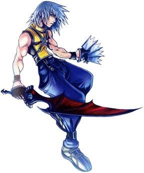 Riku from Kingdom Hearts posed as though he is sitting in mid air against a white background. He is facing right and staring ahead. In his left hand are 4 cards and in his right is his crimson Soul Eater weapon.