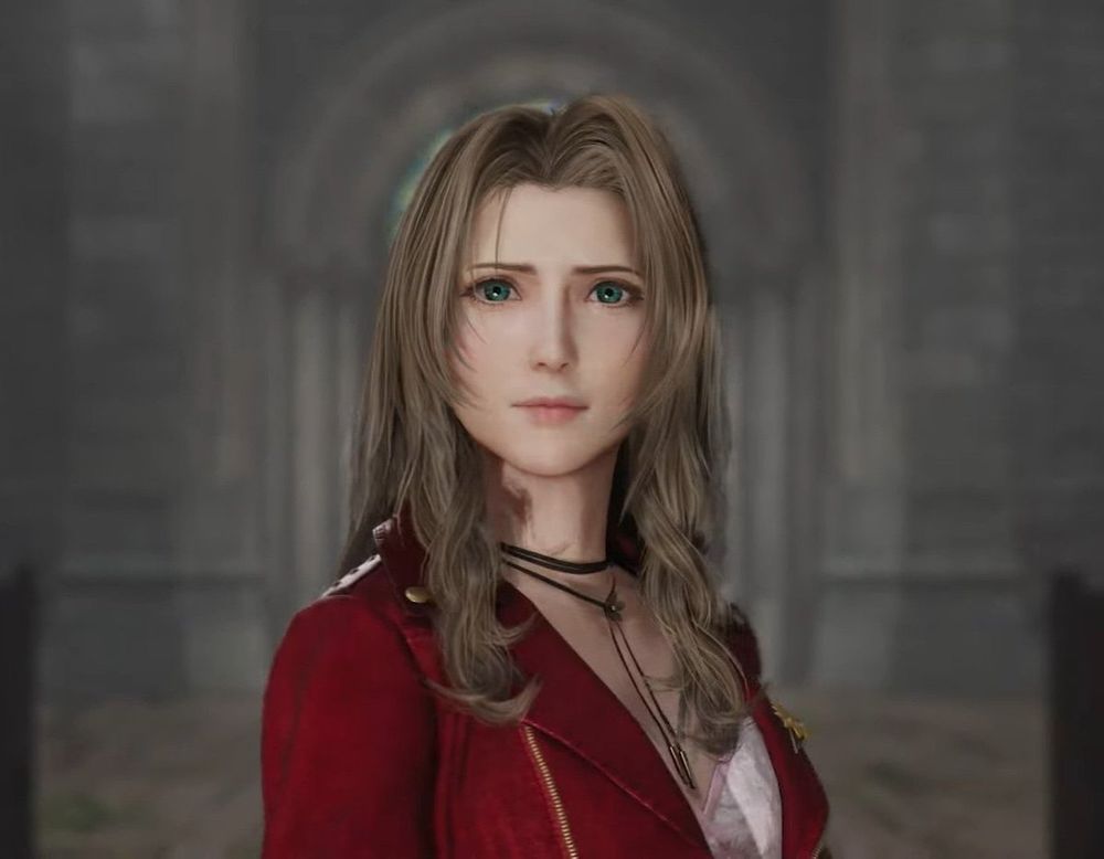 Photo of Aerith from Final Fantasy 7 Remake. She is staring straight ahead with a neutral expression. Her hair is down instead of in her signature updo.