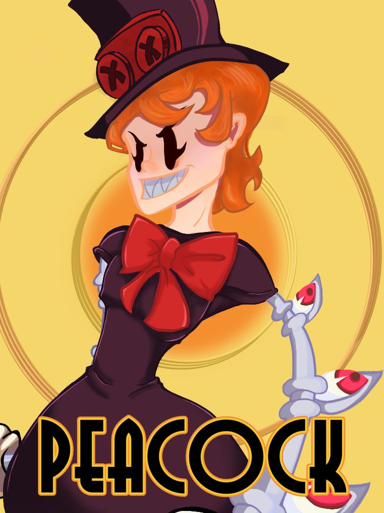 Peacock from skullgirls on a yellow bg while smiling 