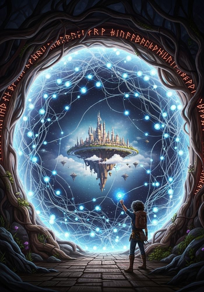 An epic, magical scene set inside a hollowed-out chamber at the heart of a colossal, ancient world tree. The chamber walls are the living, gnarled wood of the tree. The "portal" is not a doorway but a living, three-dimensional map of reality that fills the entire chamber. Countless, glowing mycelium-like threads of light—the pathways of the universe—crisscross the space, connecting thousands of small, luminous, seed-like nodes. Each node is a world, and by gently touching one, a visitor can see a fully-formed, ghostly, 3D vision of that world materialize around them. The prompt captures the moment a traveler touches a node, causing a breathtaking, ephemeral vision of a floating, cloud-ringed city to bloom into existence around them, a single destination chosen from the epic, infinite network of the Portal to Everywhere.