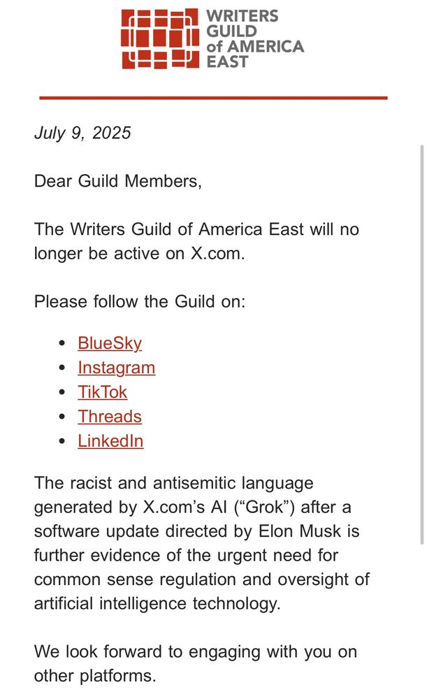 Announcement from WGA East on leaving X.com following the racist and anti-Semitic language used by Grok. 