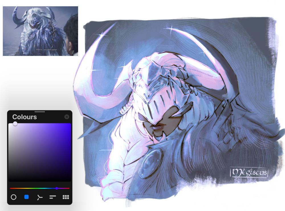 A coloured sketch of a screenshot redraw from a cutscene in monster hunter wilds, featuring my hunter in Guardian Arkveld Helm and the white braids.