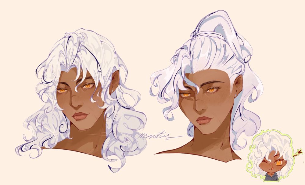 A portrait illustration of my original character, Megaera, showcases her distinctive features. She has brown skin, striking amber eyes, and white hair with black highlights. Her ears are slightly pointed, and she bears a scar on her right nose, jaw, and neck. The illustration presents two versions: one with her hair flowing down past her shoulders and the other with her hair neatly tied up in a high ponytail. The background is just a plain white with a small chibi of her winking in the bottom right corner.