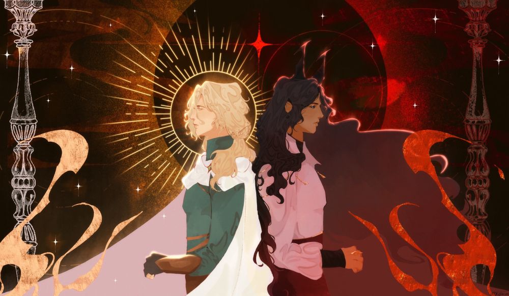 A coloured illustration of Luceran and Aadharys standing with their backs to each other. Luceran is on the left, and, looking ahead, his side has a more golden glow to it, with a golden halo near his head. Aadharys is on the right, but his gaze is towards  Luceran. His side is darker with a red glow to it, and he has a simple red circle behind his head. Characters belong to Avalon_P on Artfight.