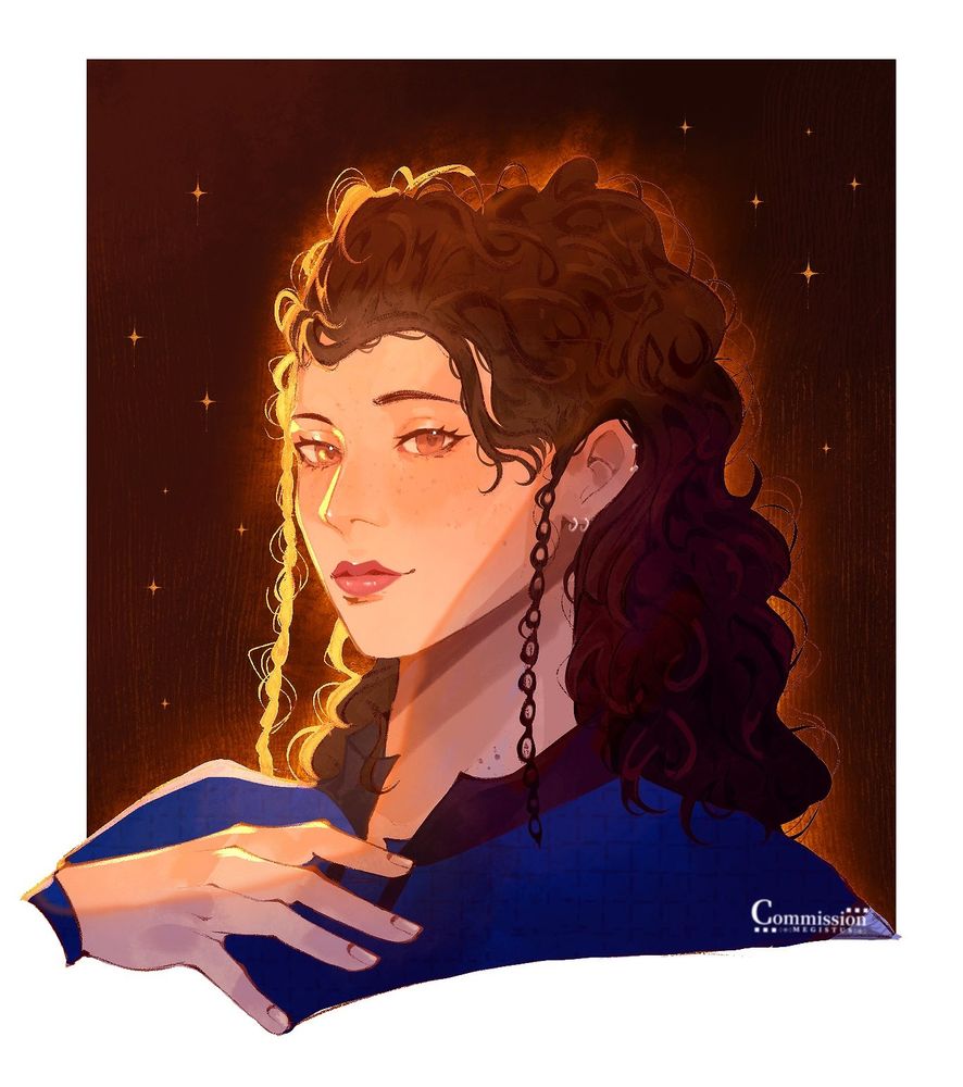 A portrait illustration of Haebin's character. She has long, thick and curly brown hair with two braids framing her face and has a smile on her face. The background is a dark brown with a golden glow coming from the character. There is golden rim lighting on the left side of her face and her hand is on her chest.