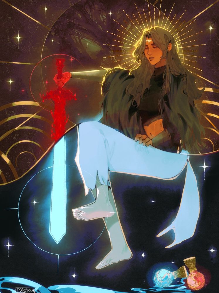 An illustration of my tarnished from Elden Ring. She has long black hair, brown skin with some scars across her face, and she is wearing Miquella’s circlet. The top half of her outfit is the gravebird’s armour while the bottom is the skirt of the deathbed dress. She has her eyes closed and is holding the blasphemous blade on the top half, which is switched to a glowing cyan blade in the bottom half. On the bottom are the flasks of crimson and cerulean tears, with the contents of the cerulean tears flask spilling out. On the top half is a brown background with golden lines and circles, and in the centre, the erdtree from the DLC. Behind my tarnished’s head is a golden halo. There are sparkles where and there throughut the drawing.