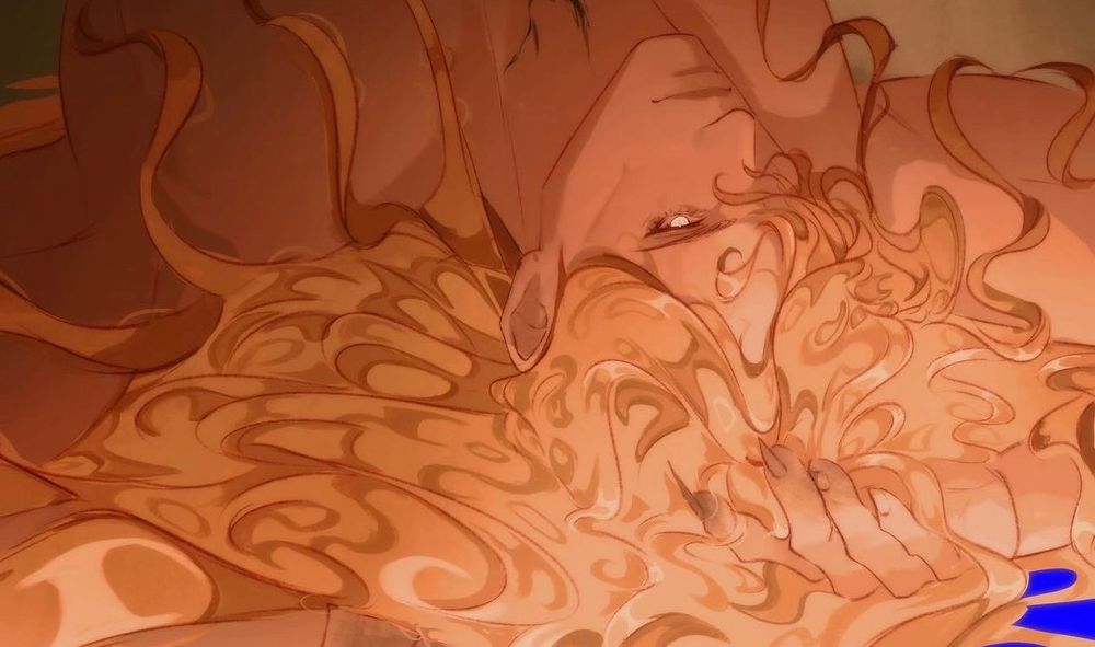 A fanart doodle of Godwyn from Elden Ring. His head is on the ground with his long golden hair covering most of the floor, his torso is morphed into a fish tail and there is a dark wound in his chest. His head is illuminated by a soft golden glow while the rest of his body is in a dark green shadow.