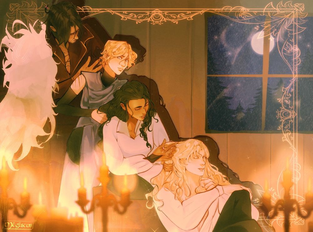 Fanart of Alucard, Greta, Sypha and Trevor from Castlevania. They are sitting in a warmly lit room on some stairs and braiding each other's hair . Alucard is sitting at the lowest level while Greta is braiding his hair, Sypha is braiding Greta's hair behind and behind Sypha is Trevor trying to braid her hair. The three of them except for Trevor who is struggling have a smile on their face. There is a window on the right which has the night sky with a full moon and a forest. There are candles in front of them.