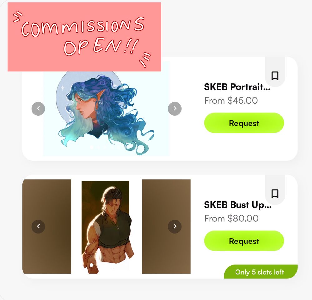 A screenshot of my VGen page with the two services I am currently offering. The first one is a SKEB portrait sketch with a base price of $45 and the second is a SKEB bust up sketch with a base price of $80.