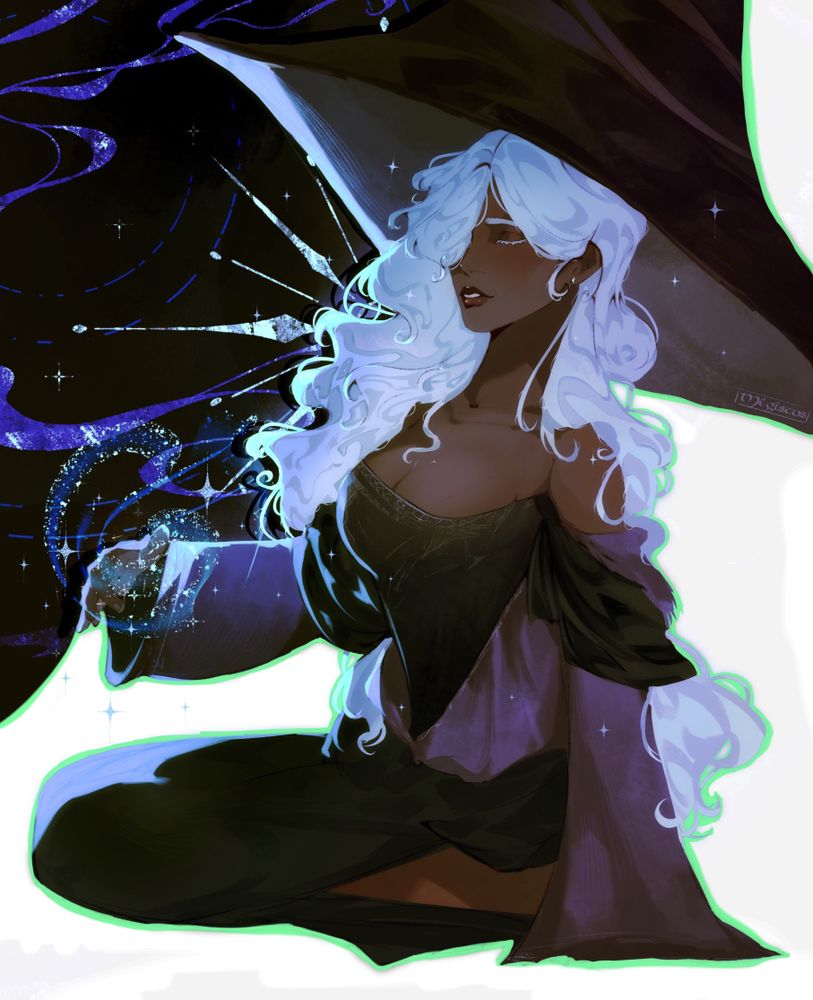 An illustration of Recluse from Elden Ring Nightreign. She is sitting down on the ground with her left hand casting spells, and she has a content smile on her face with her eyes closed. The right side of the drawing has a solid white background, while on the side left side where she is casting the spell is a dark background with purple, blue and white wisps and sparkles.