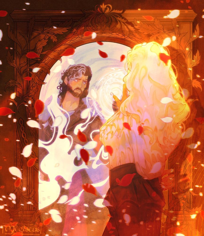 A fanart illustration of Clair Obscur. There is a giant frame with Verso looking at and reaching out to Alicia from his side, while Alicia, is looking at him and reaching to Verso, standing outside of the frame. With sunlight shining down only on Alicia and a bit on Verso. The top half of Alicia, where the sunlight is shining down on her, depicts her with white hair, while in the shadows, her hair is drawn closer to red. Red and white petals surround the scene.