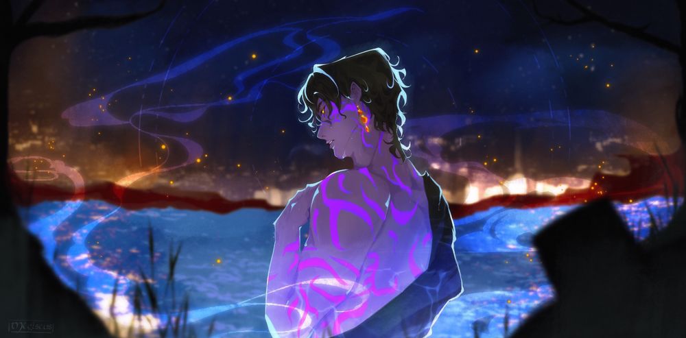Fanart of Jinu in his demon form from the movie Kpop Demon Hunters on Netflix. He is in an open-air bath with the night sky above him and the golden city lights in the horizon. He is looking towards the viewer in the side profile with a black robe loosely hanging on his right shoulder while the rest of his upper body is bare.