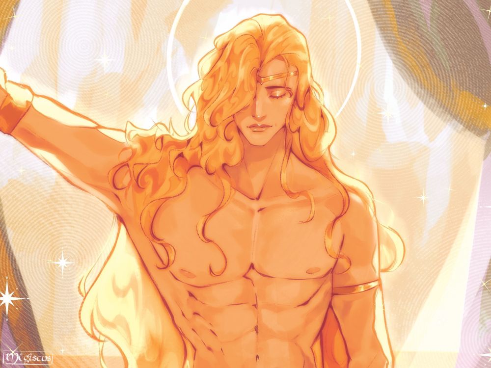 Fanart of Godwyn from Elden Ring. This is my depiction of him before he becomes the prince of death. He is standing and looking down with a smile while pushing away some curtains with this left hand. He has loose golden hair which covers his left eye and goes all the way beyond his waist. Behind is a bright gold setting with some grey curtains.